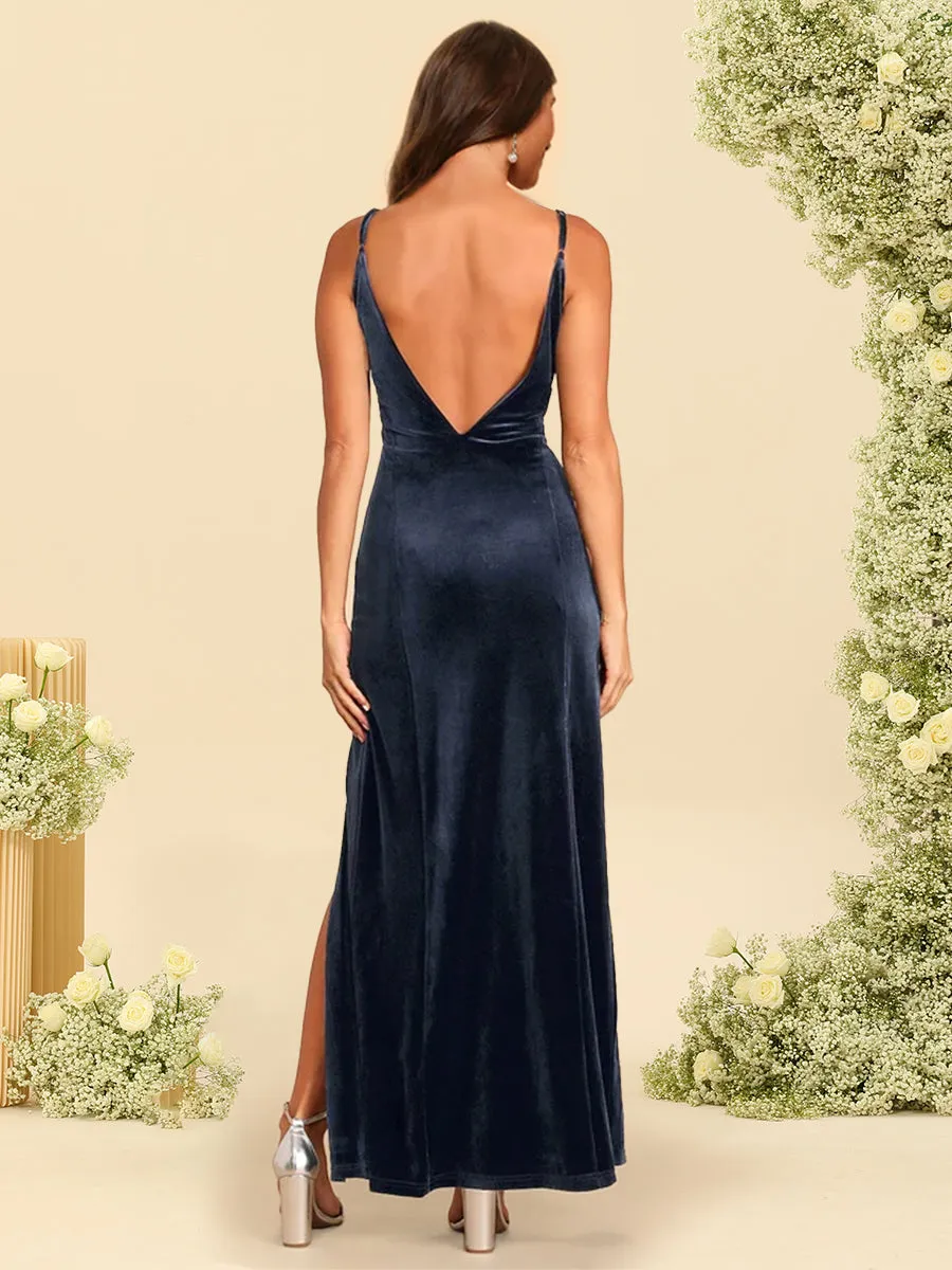 Sheath/Column Velvet V-Neck Spaghetti Straps Bridesmaid Dresses With Split Side sold by Lavetir product image thumbnail 2