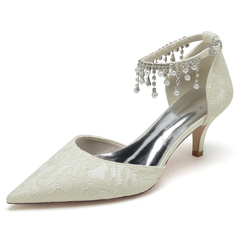 Women's Lace With Ankle Strap Pearl Rhinestone Lace Tassel Closed Toe Stiletto Heel Wedding Shoes sold by Lavetir
