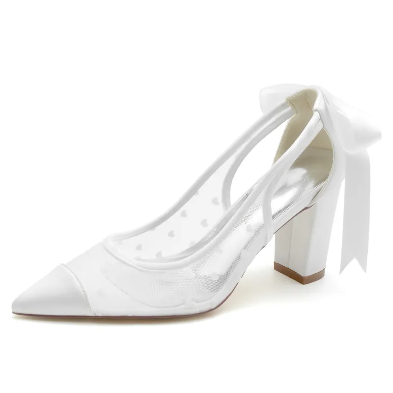 Women's Silk Satin Mesh With Lace Lace-up Closed Toe Chunky Heel Party Shoes sold by Lavetir
