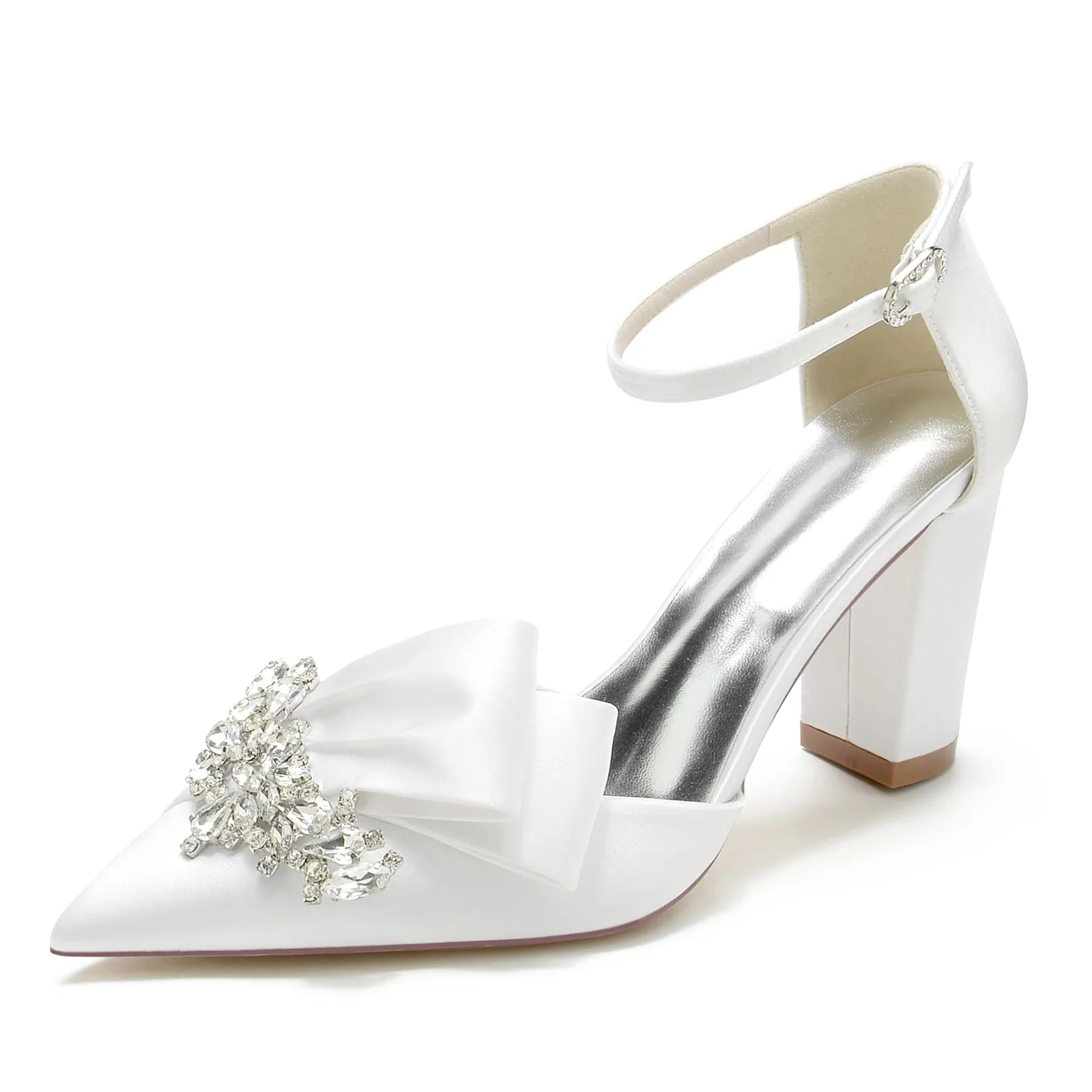 Women's Silk Satin Ankle Strap Rhinestone Closed Toe Chunky Heel Party Shoes sold by Lavetir