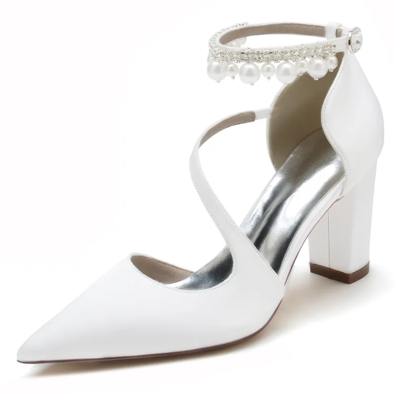 Women's Silk Satin With Ankle Strap Pearl Tassel Closed Toe Chunky Heel Party Shoes sold by Lavetir