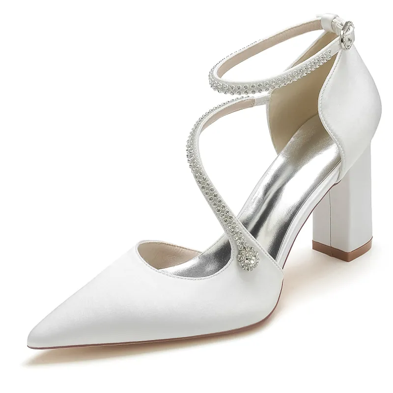 Women's Silk Satin With Ankle Strap Rhinestone Chunky Heel Closed Toe Wedding Shoes sold by Lavetir