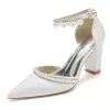 Women's Silk Satin With Ankle Strap Pearl Rhinestone Tassel Closed Toe Chunky Heel Evening Shoes sold by Lavetir