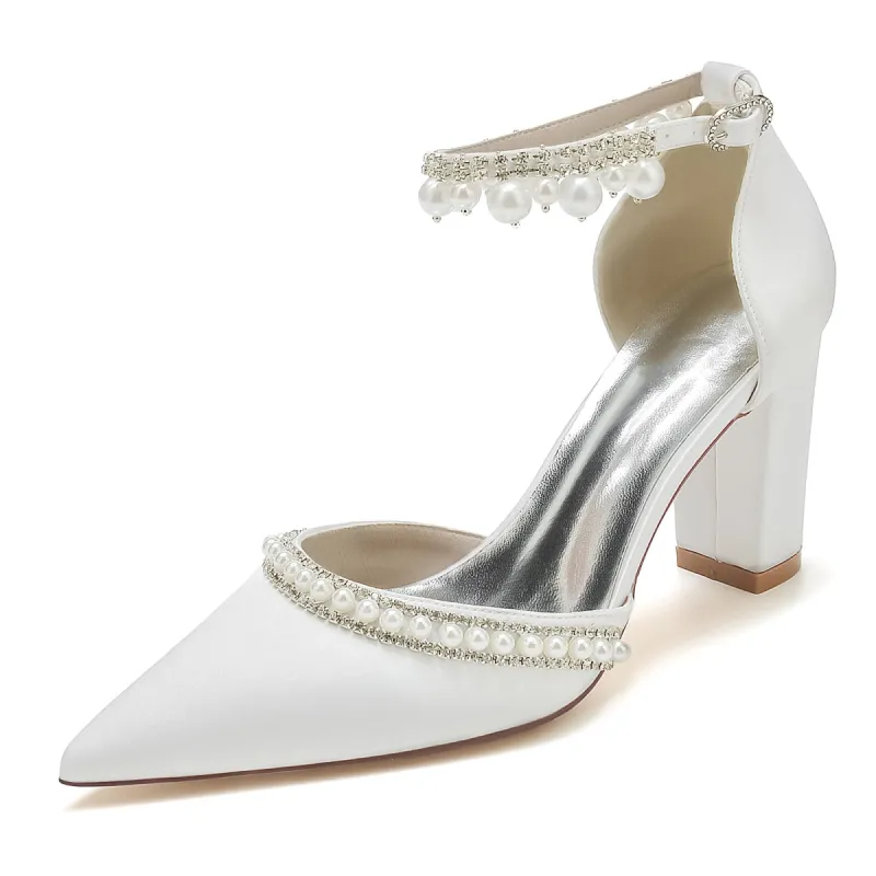 Women's Silk Satin With Ankle Strap Pearl Rhinestone Tassel Closed Toe Chunky Heel Evening Shoes sold by Lavetir