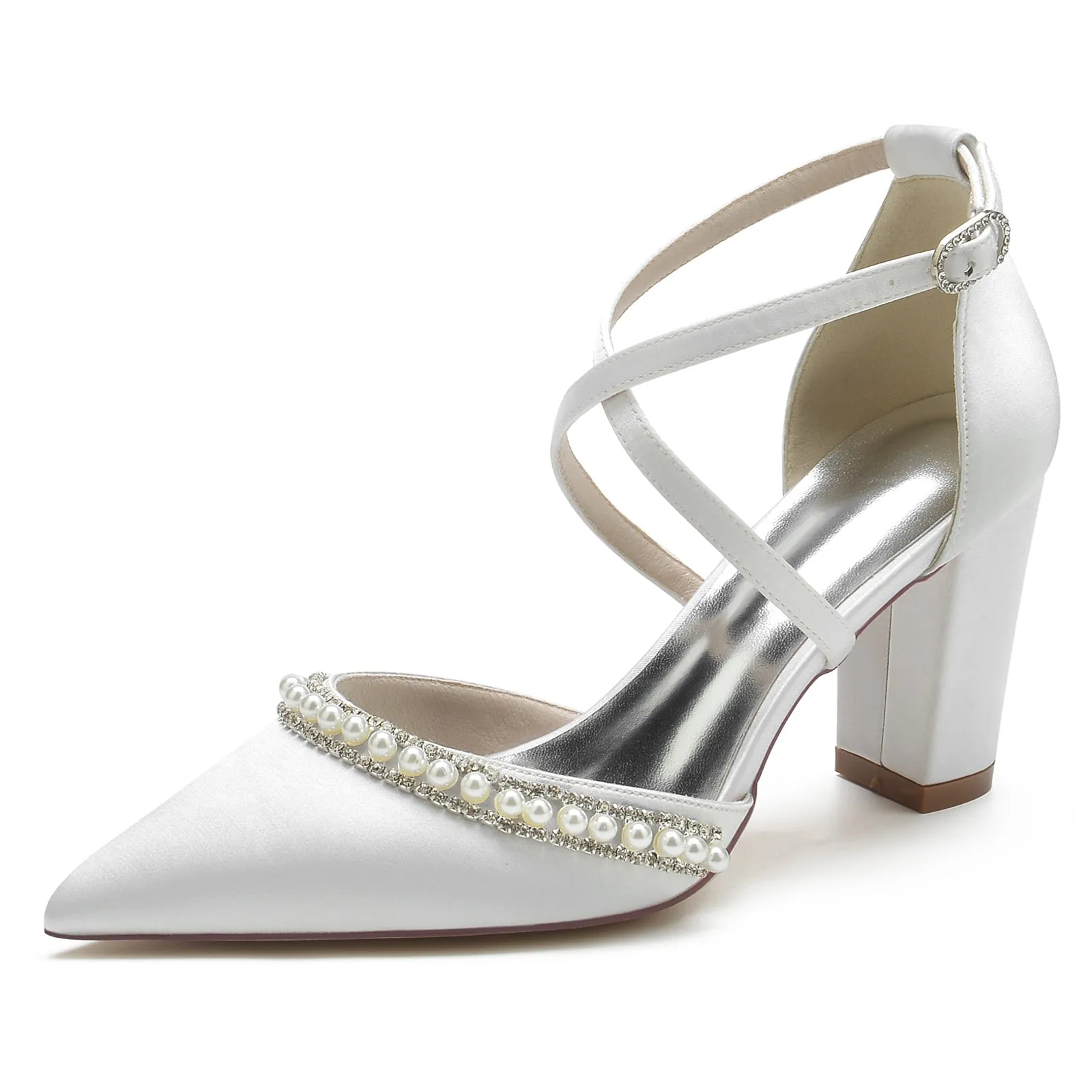 Women's Silk Satin With Ankle Strap Pearl Rhinestone Closed Toe Chunky Heel Wedding Shoes sold by Lavetir