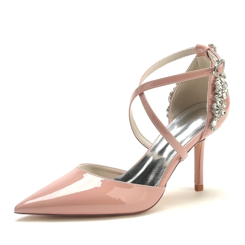 Women's Patent Leather Mirror Finish Ankle Strap Rhinestone Closed Toe Stiletto Heel Wedding Shoes sold by Lavetir