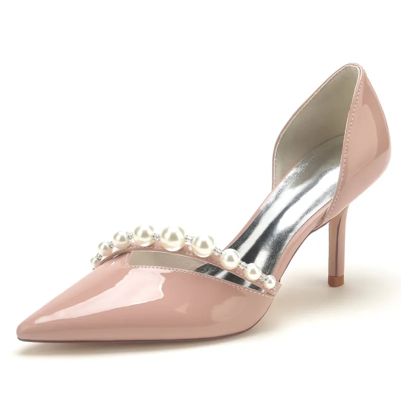 Women's Patent Leather Mirror Finish Pearl Closed Toe Stiletto Heel Party Shoes sold by Lavetir