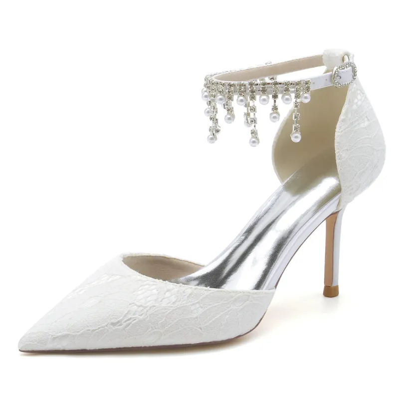 Women's Lace With Ankle Strap Lace Tassel Closed Toe Stiletto Heel Wedding Shoes sold by Lavetir