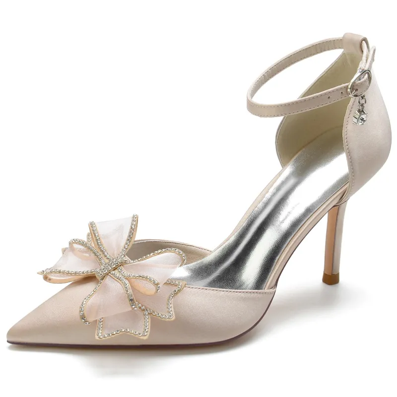 Women's Silk Satin With Ankle Strap Bowknot Closed Toe Stiletto Heel Party Shoes sold by Lavetir