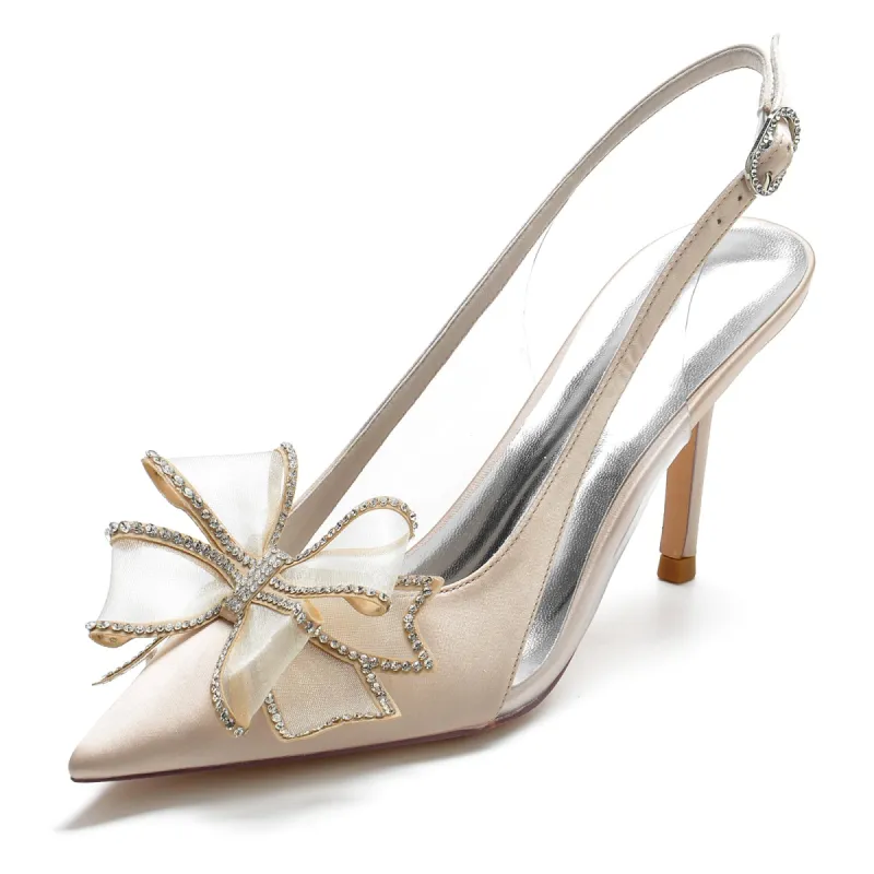 Women's Silk Satin With Bowknot Lace Closed Toe Stiletto Heel Wedding Shoes sold by Lavetir