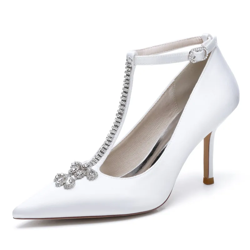 Women's Ankle Strap Silk Satin With Rhinestone Closed Toe Stiletto Heel Wedding Shoes sold by Lavetir