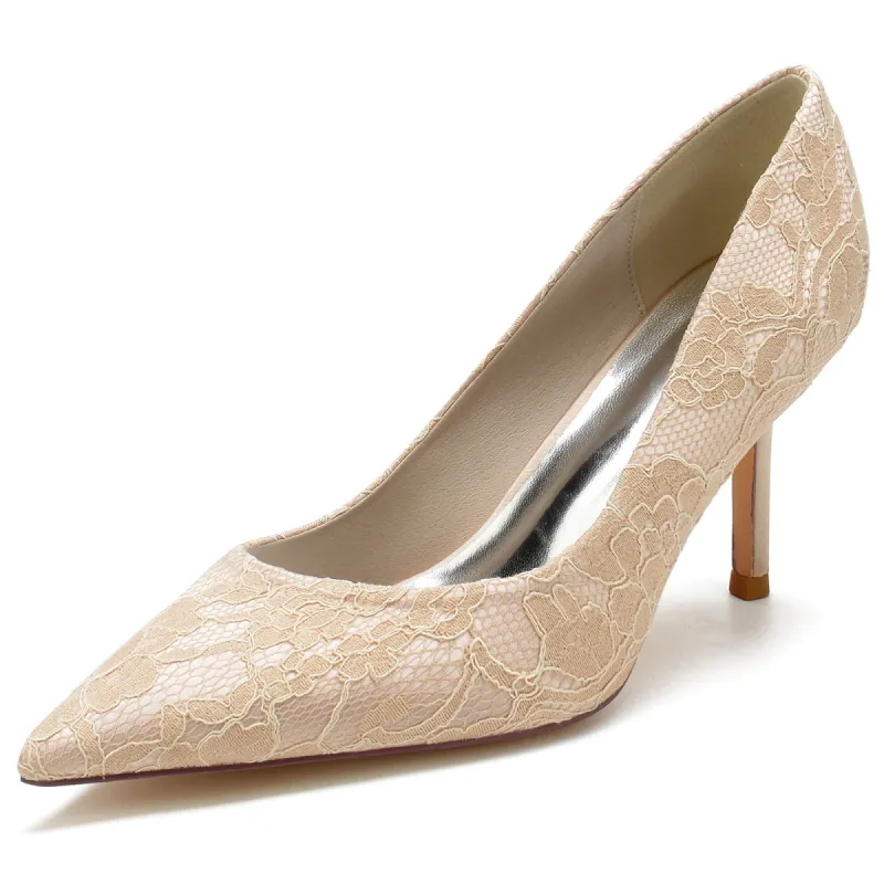 Women's Silk Satin With Lace Closed Toe Stiletto Heel Party Shoes sold by Lavetir
