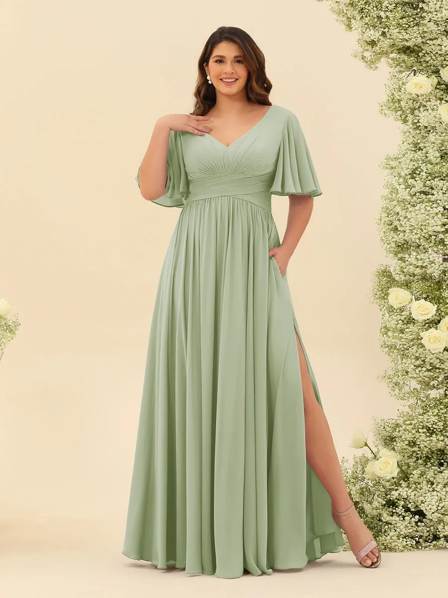 A-Line V-Neck Half Sleeves Plus Size Chiffon Bridesmaid Dresses With Split Side sold by Lavetir product image thumbnail 5