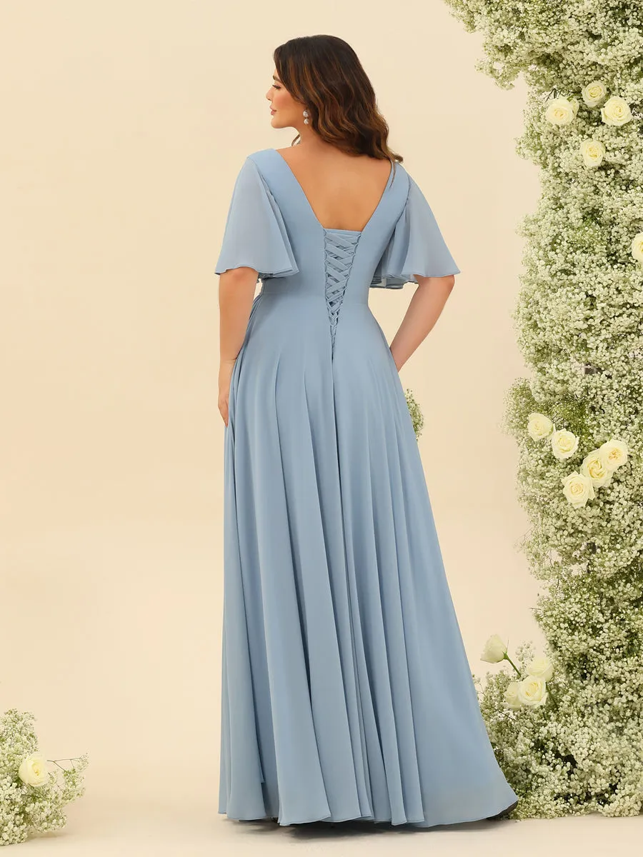 A-Line V-Neck Half Sleeves Plus Size Chiffon Bridesmaid Dresses With Split Side sold by Lavetir product image thumbnail 2