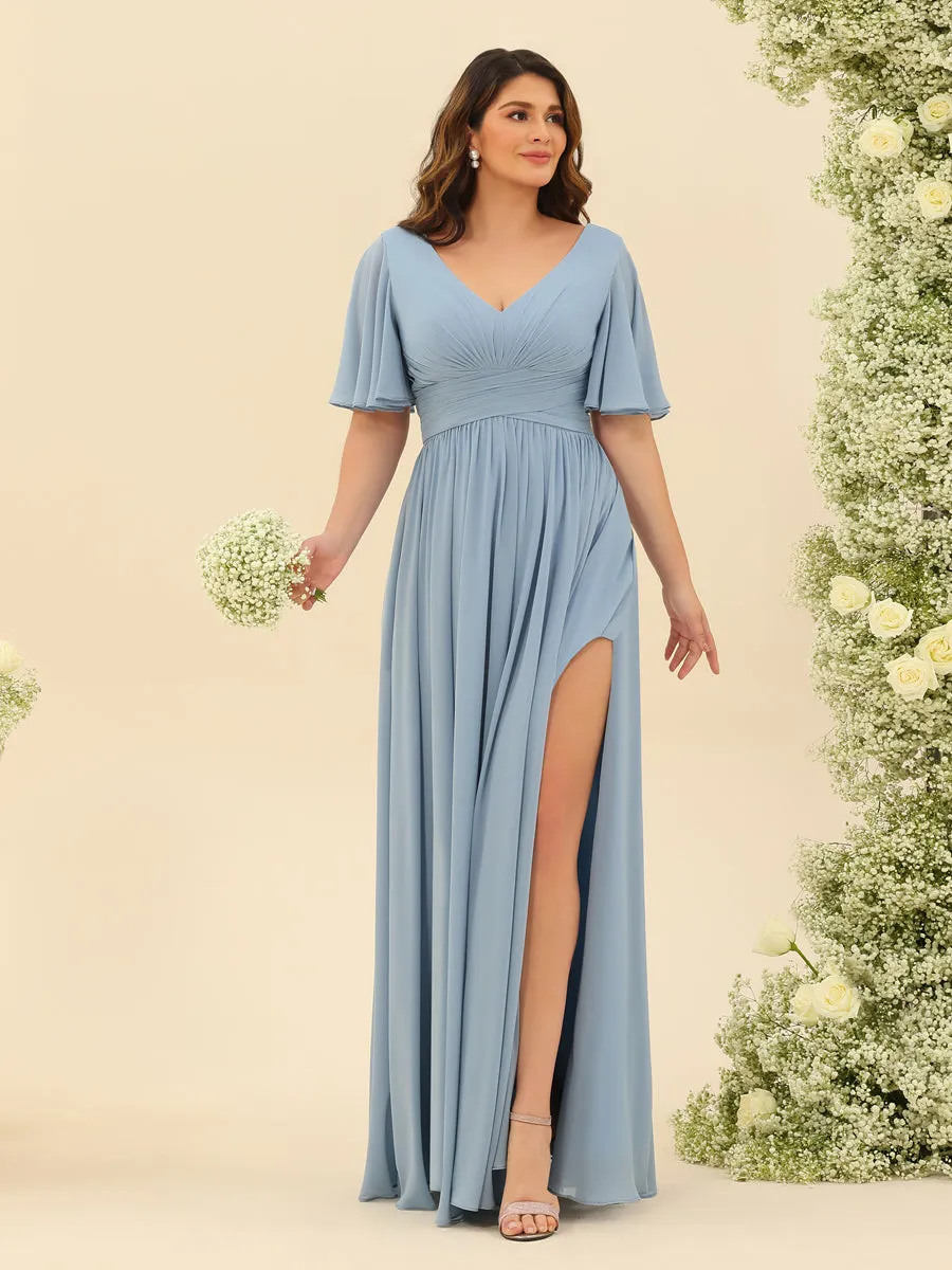 A-Line V-Neck Half Sleeves Plus Size Chiffon Bridesmaid Dresses With Split Side sold by Lavetir