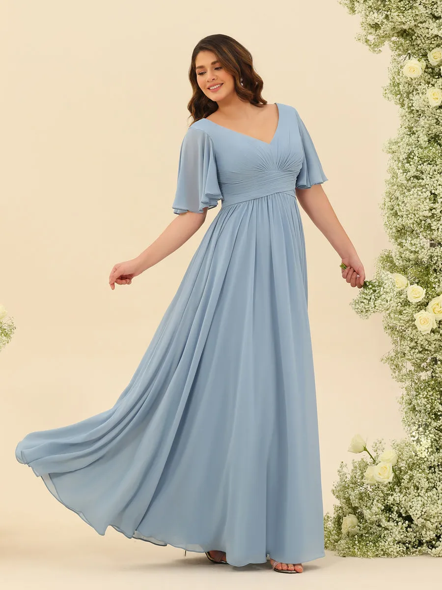 A-Line V-Neck Half Sleeves Plus Size Chiffon Bridesmaid Dresses With Split Side sold by Lavetir product image thumbnail 4