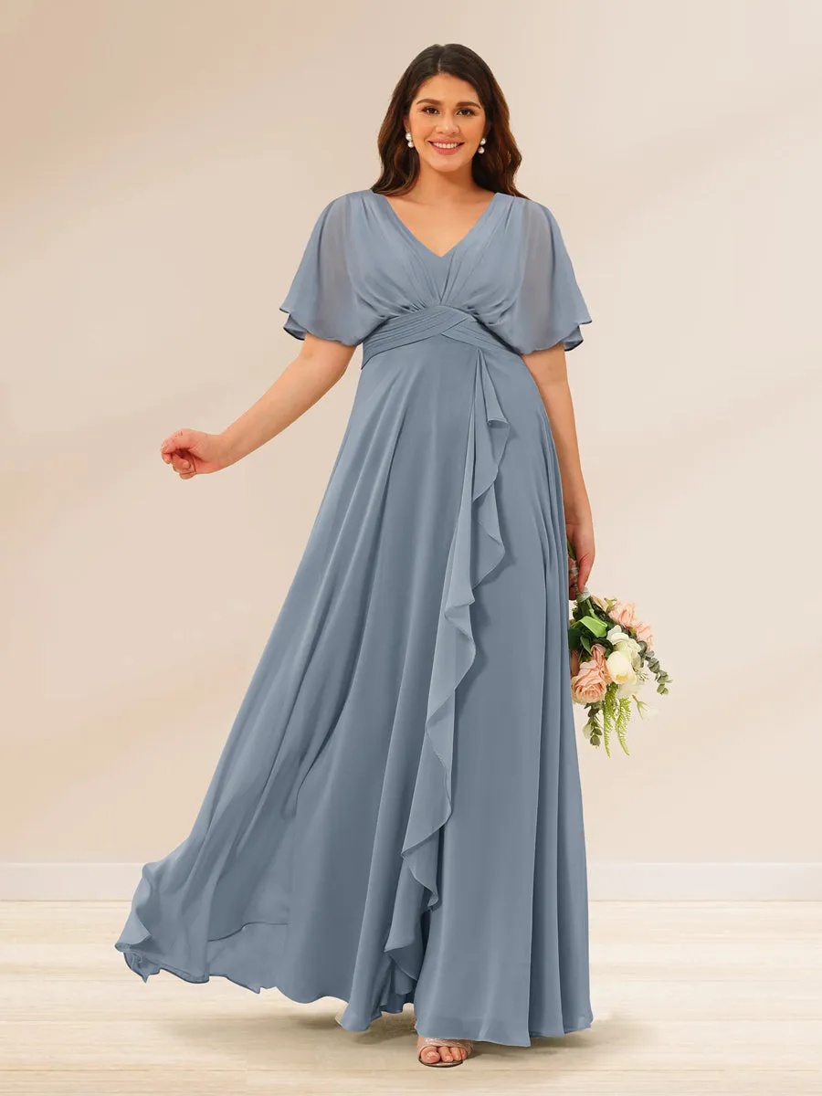 A-Line/Princess V-Neck Short Sleeves Plus Size Bridesmaid Dresses with Pockets sold by Lavetir