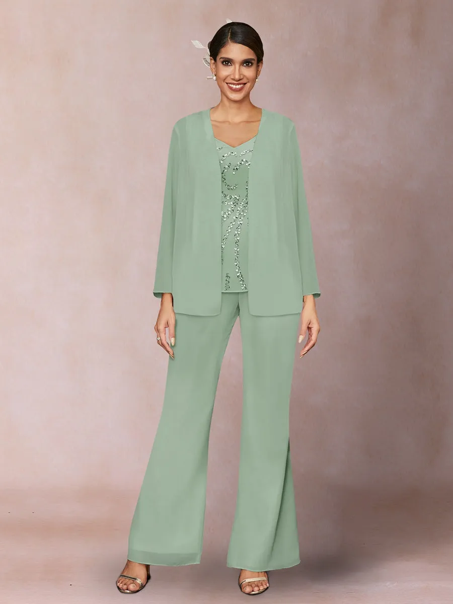 Chiffon Sequins V-Neck Long Sleeves 3 Pieces Pantsuits with Jacket sold by Lavetir product image thumbnail 4