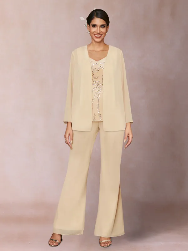 Chiffon Sequins V-Neck Long Sleeves 3 Pieces Pantsuits with Jacket sold by Lavetir