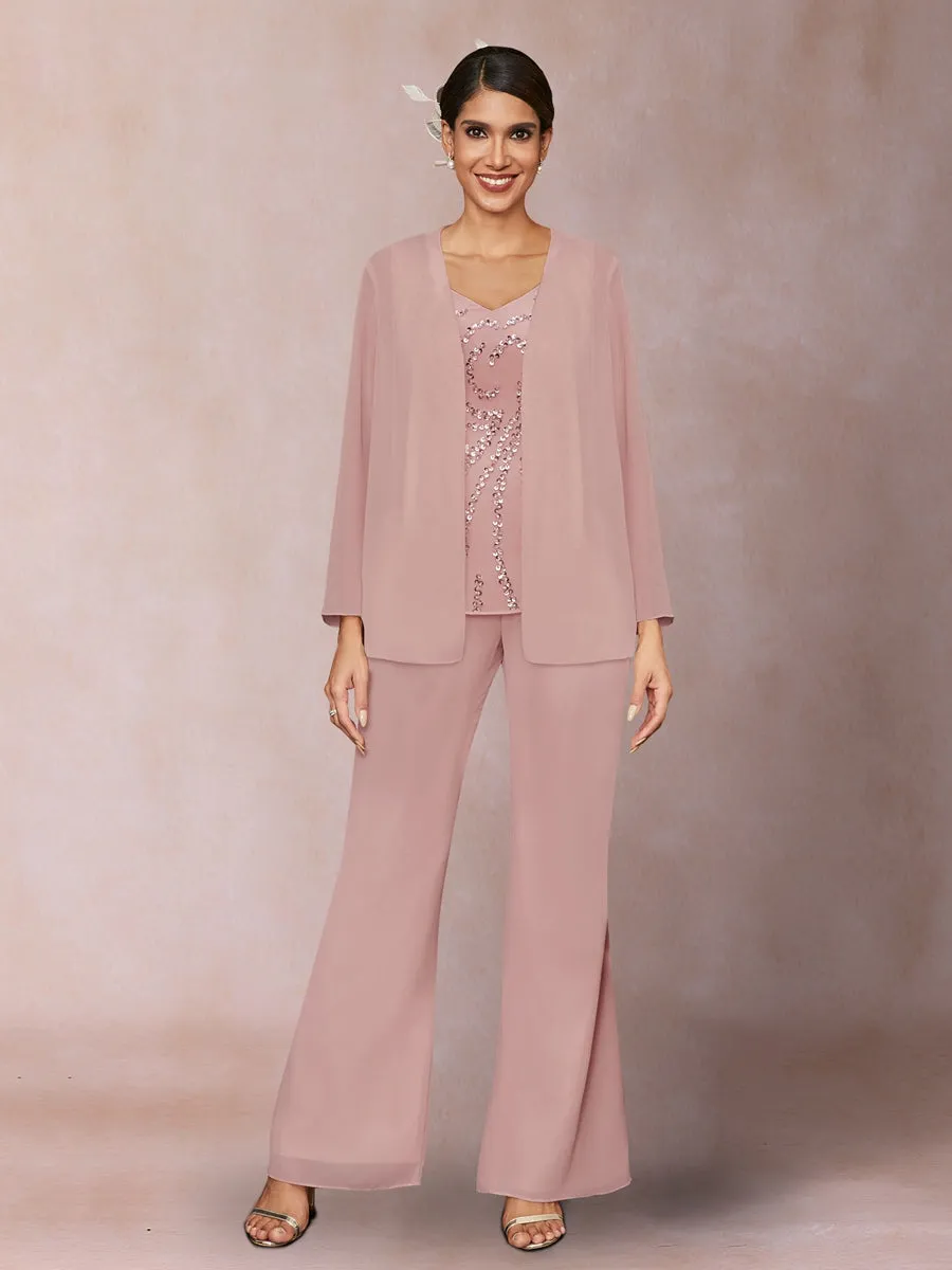 Chiffon Sequins V-Neck Long Sleeves 3 Pieces Pantsuits with Jacket sold by Lavetir product image thumbnail 5
