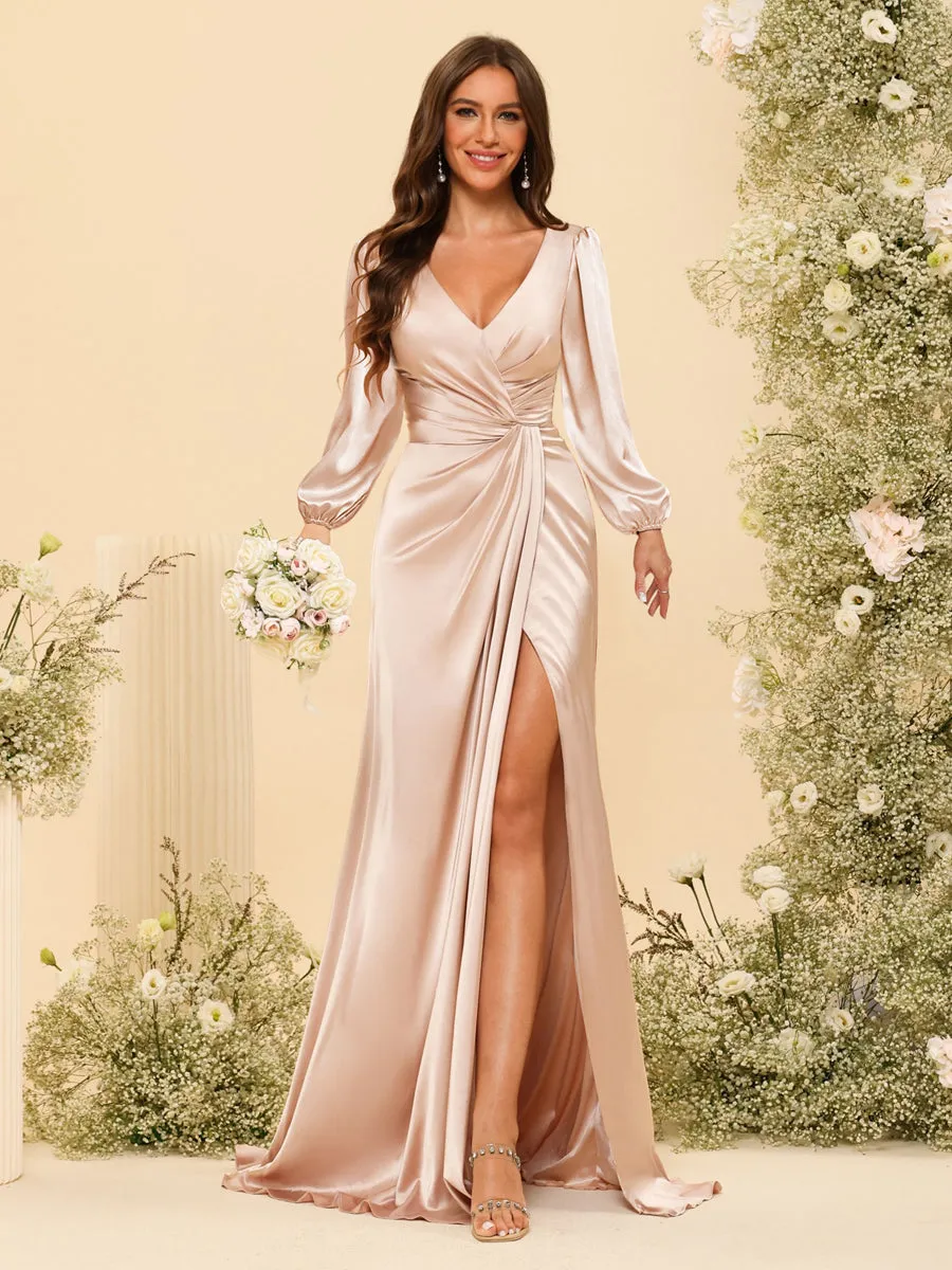 Sheath/Column V-Neck Long Sleeves Formal Dresses with Split Side & Ruched sold by Lavetir