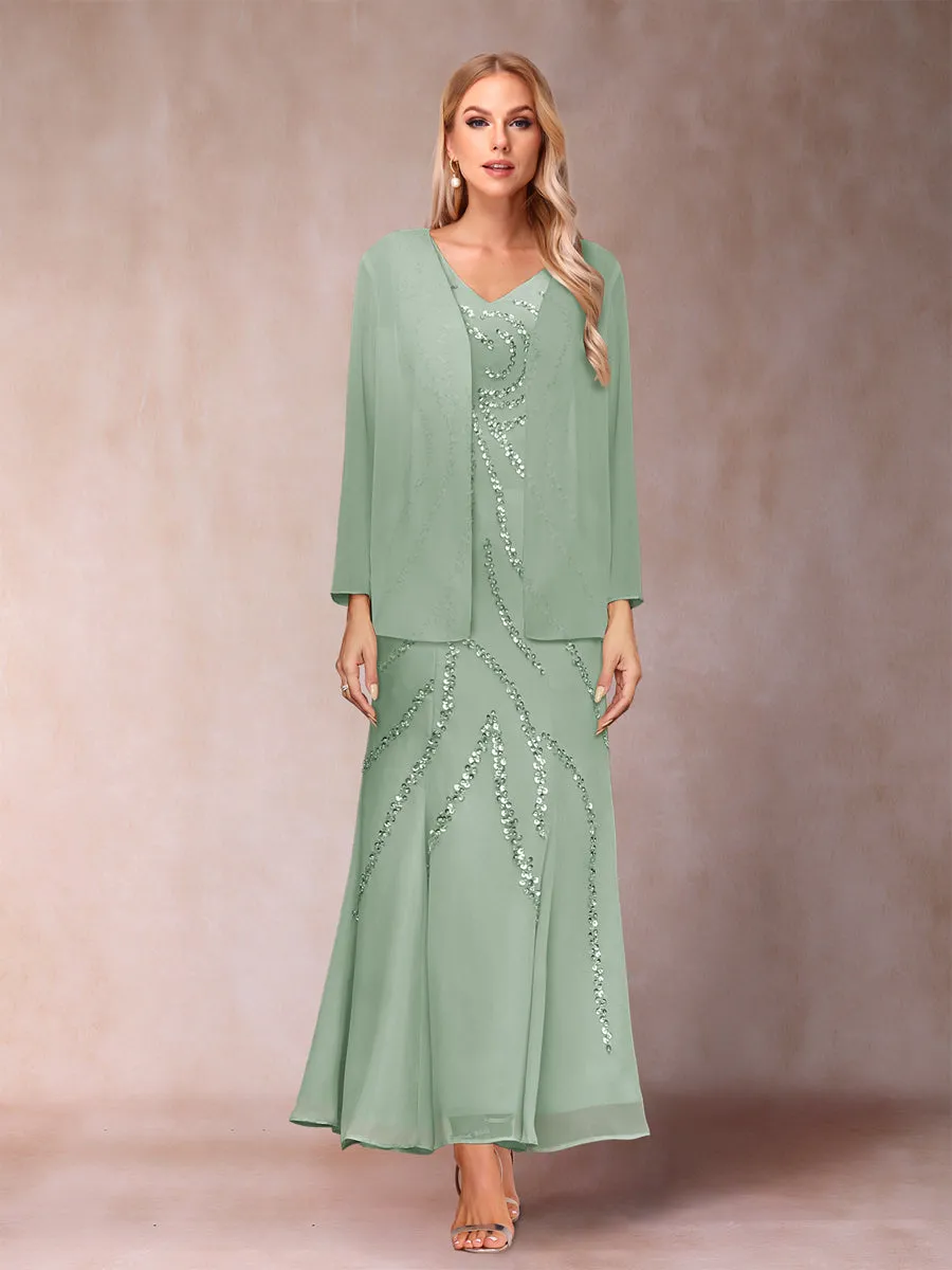 Sheath/Column V-Neck Ankle-Length Evening Dresses With Jacket & Sequins sold by Lavetir product image thumbnail 4