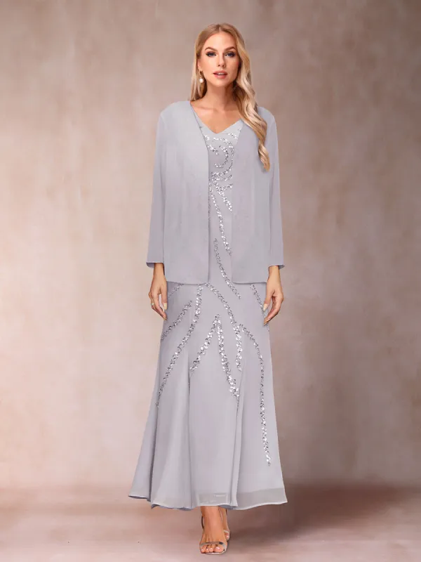 Sheath/Column V-Neck Ankle-Length Evening Dresses With Jacket & Sequins sold by Lavetir