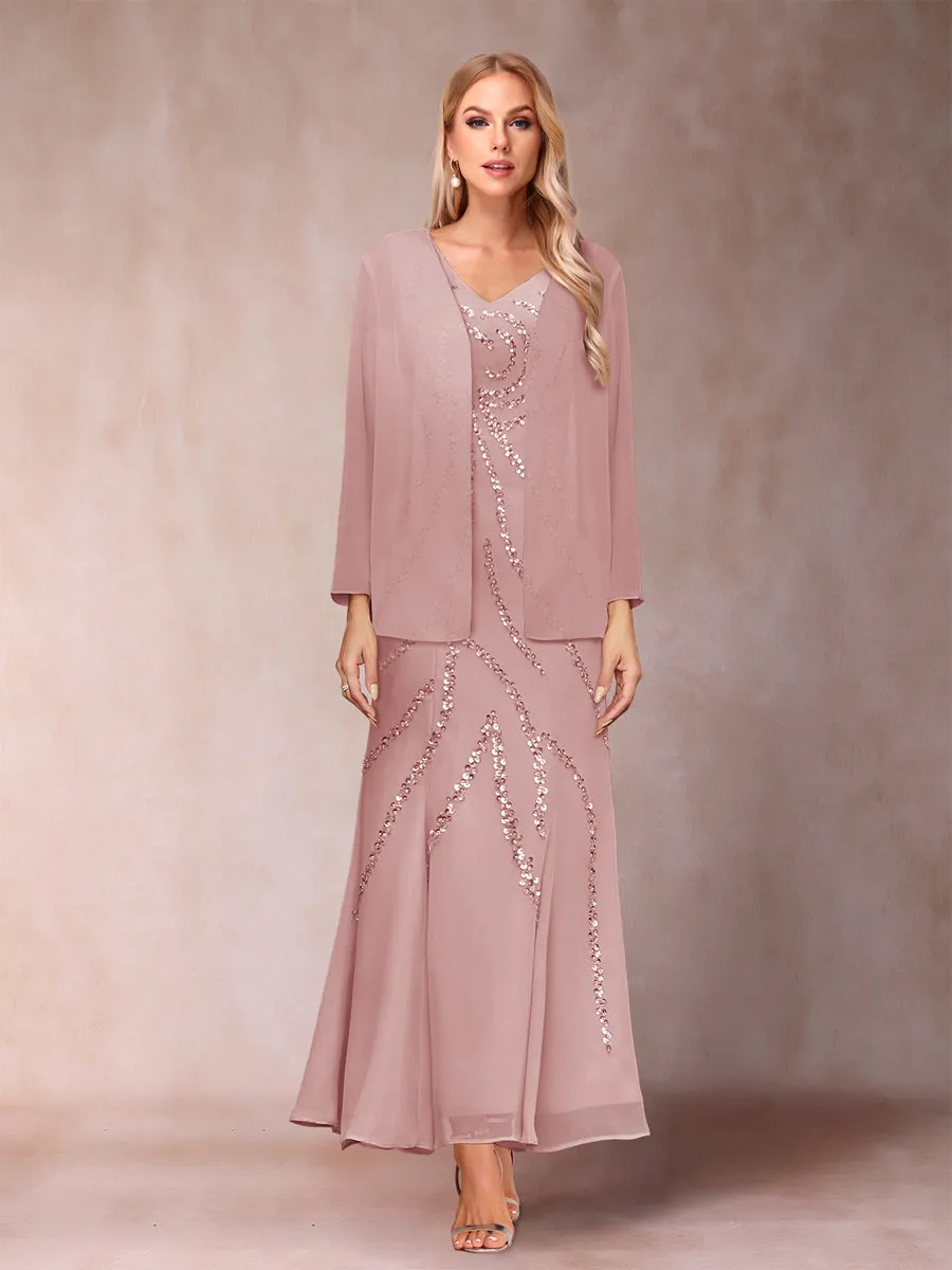 Sheath/Column V-Neck Ankle-Length Evening Dresses With Jacket & Sequins sold by Lavetir product image thumbnail 5