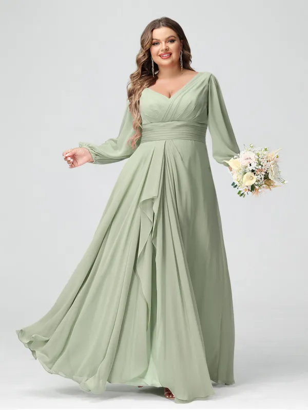 A-Line/Princess V-Neck Long Sleeves Chiffon Ruffles Plus Size Bridesmaid Dresses with Pockets sold by Lavetir