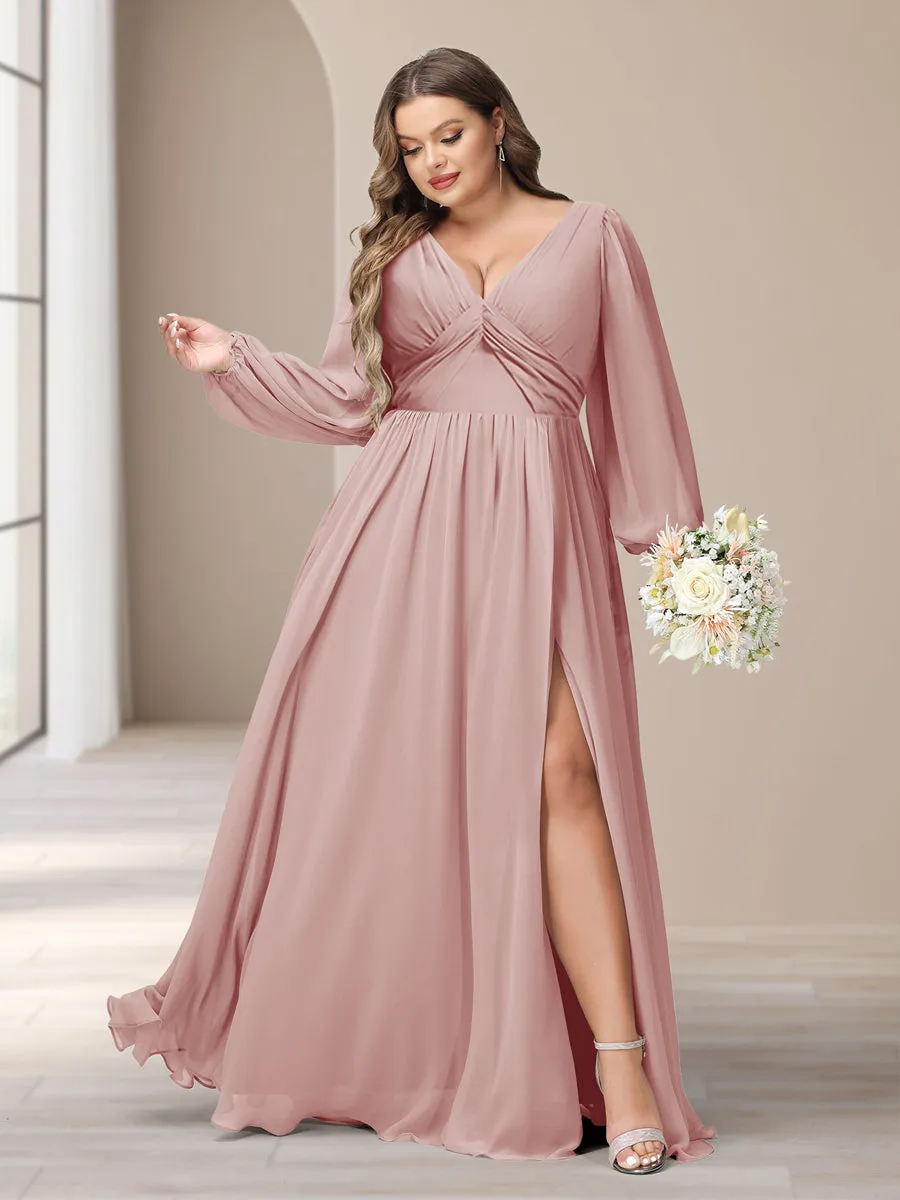 A-Line/Princess V-Neck Long Sleeves Chiffon Long Plus Size Bridesmaid Dresses With Split Side sold by Lavetir product image thumbnail 4