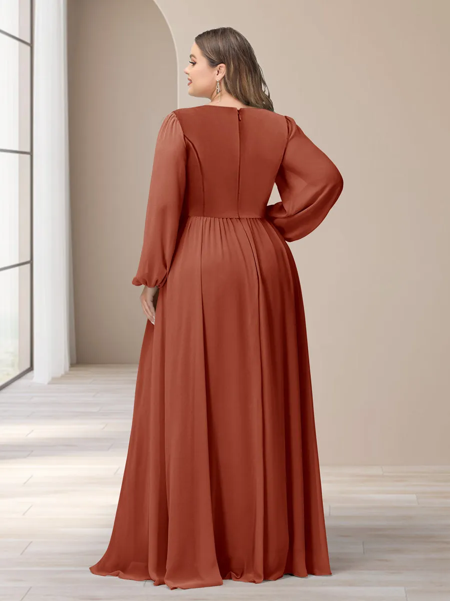 A-Line/Princess V-Neck Long Sleeves Chiffon Long Plus Size Bridesmaid Dresses With Split Side sold by Lavetir product image thumbnail 2