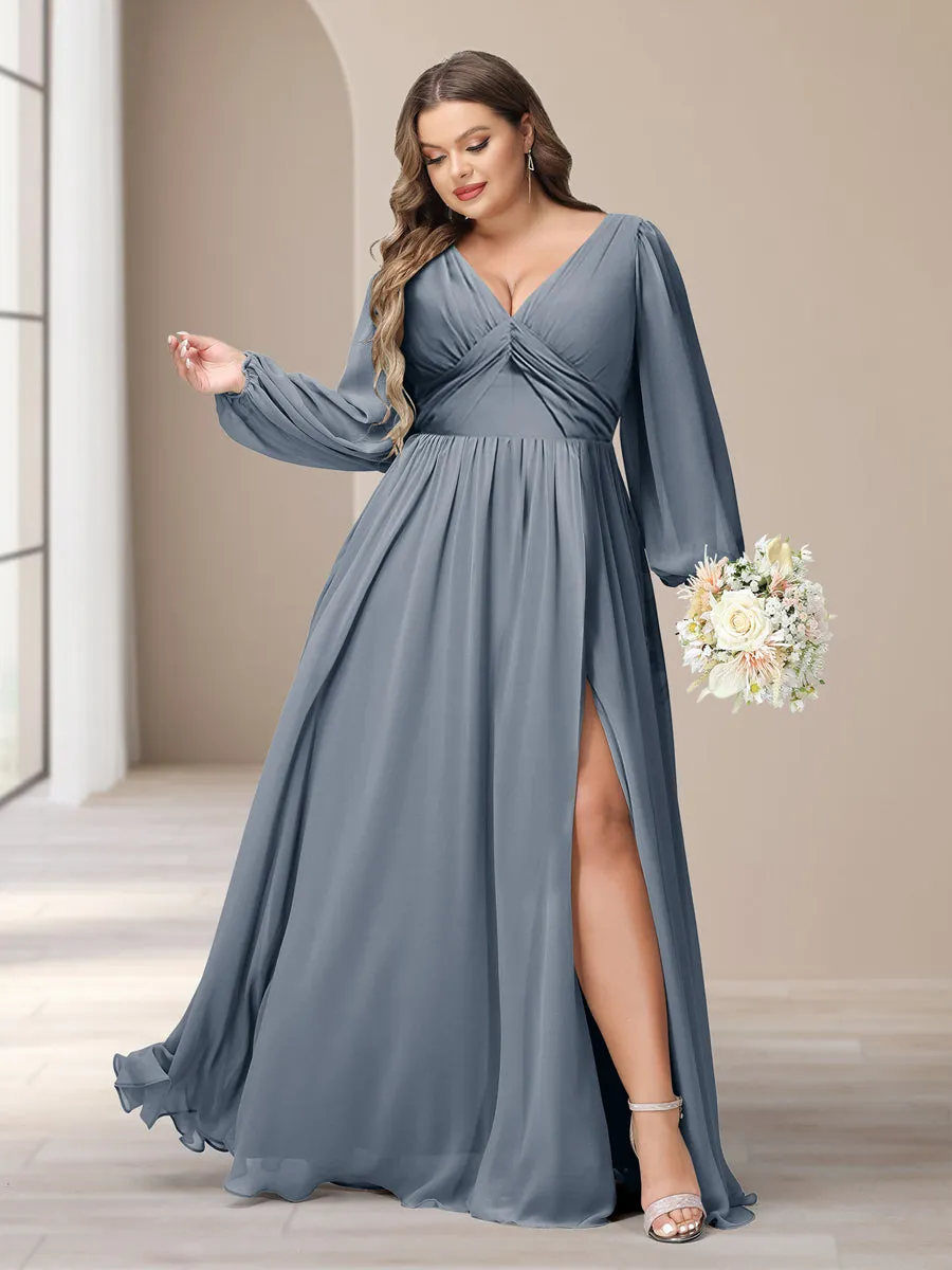 A-Line/Princess V-Neck Long Sleeves Chiffon Long Plus Size Bridesmaid Dresses With Split Side sold by Lavetir product image thumbnail 5