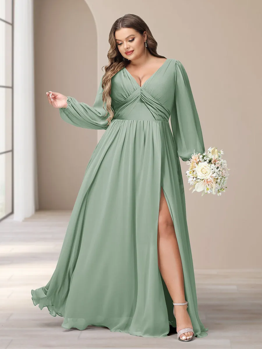 A-Line/Princess V-Neck Long Sleeves Chiffon Long Plus Size Bridesmaid Dresses With Split Side sold by Lavetir product image thumbnail 3