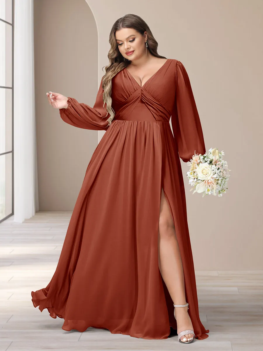 A-Line/Princess V-Neck Long Sleeves Chiffon Long Plus Size Bridesmaid Dresses With Split Side sold by Lavetir