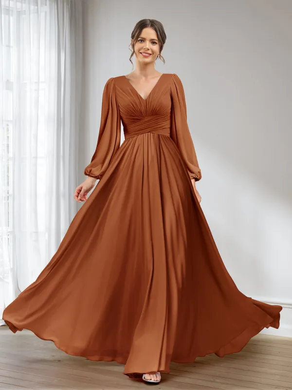 A-Line/Princess V-Neck Long Sleeves Chiffon Long Bridesmaid Dresses With Pockets sold by Lavetir