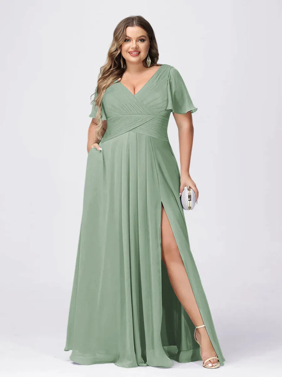 A Line/Princess V-Neck Short Sleeves Plus Size Bridesmaid Dresses with Split Side sold by Lavetir product image thumbnail 3