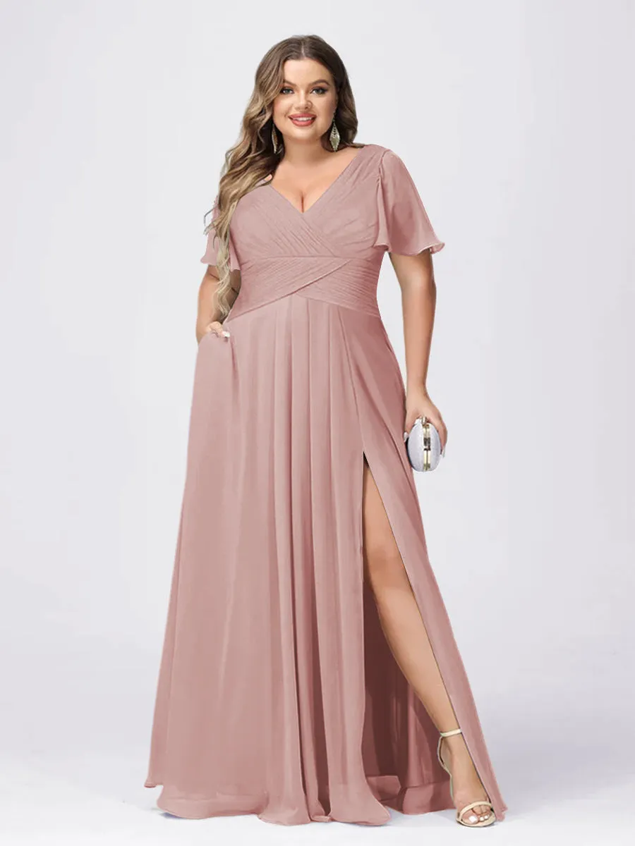 A Line/Princess V-Neck Short Sleeves Plus Size Bridesmaid Dresses with Split Side sold by Lavetir product image thumbnail 4