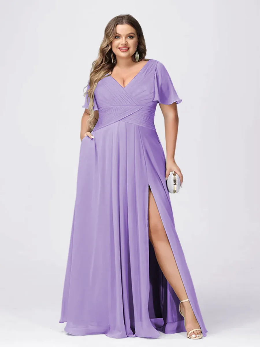 A Line/Princess V-Neck Short Sleeves Plus Size Bridesmaid Dresses with Split Side sold by Lavetir