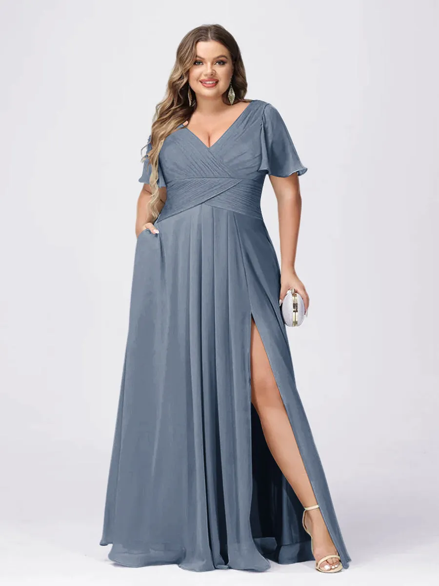 A Line/Princess V-Neck Short Sleeves Plus Size Bridesmaid Dresses with Split Side sold by Lavetir product image thumbnail 5