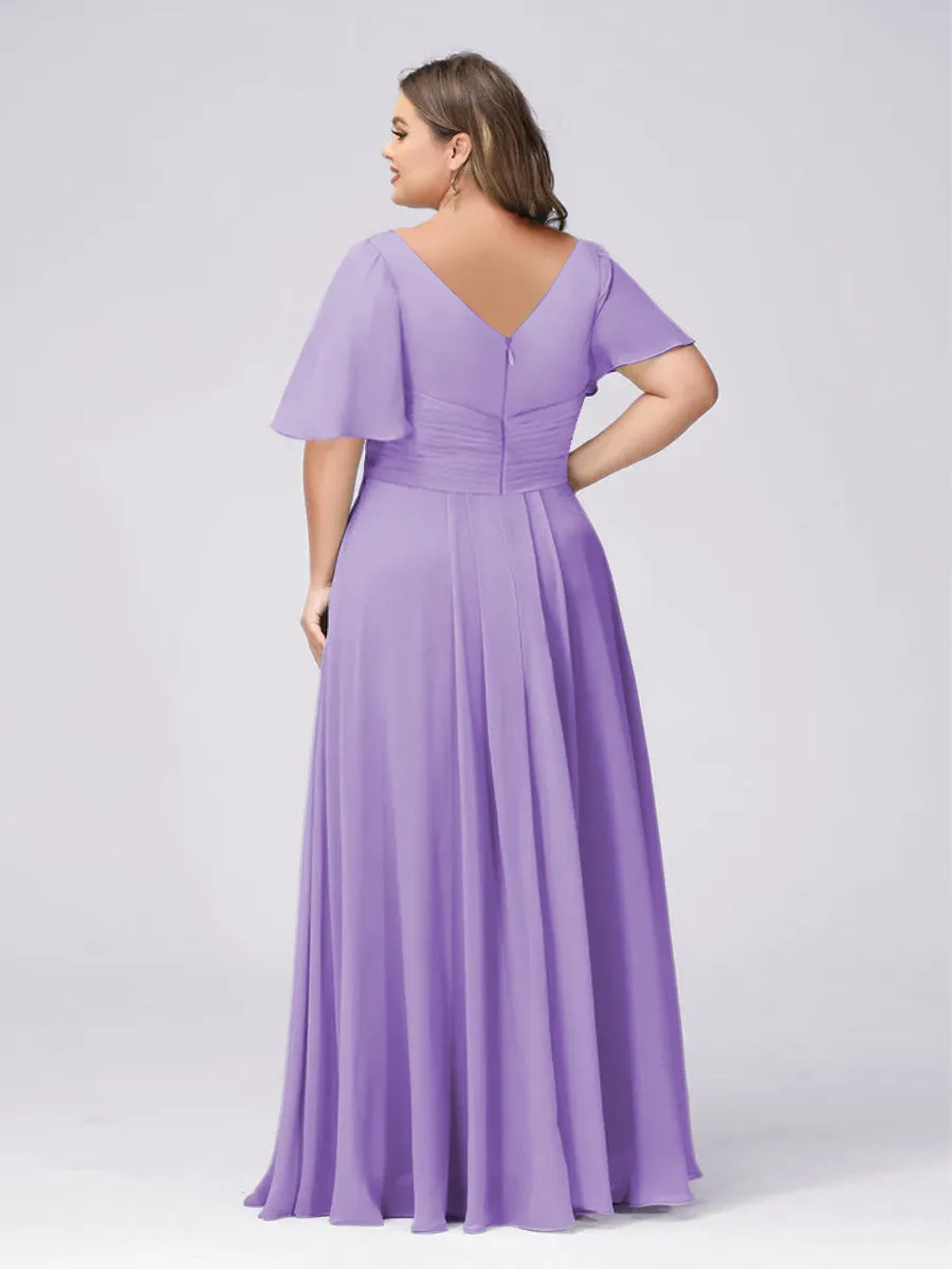 A Line/Princess V-Neck Short Sleeves Plus Size Bridesmaid Dresses with Split Side sold by Lavetir product image thumbnail 2