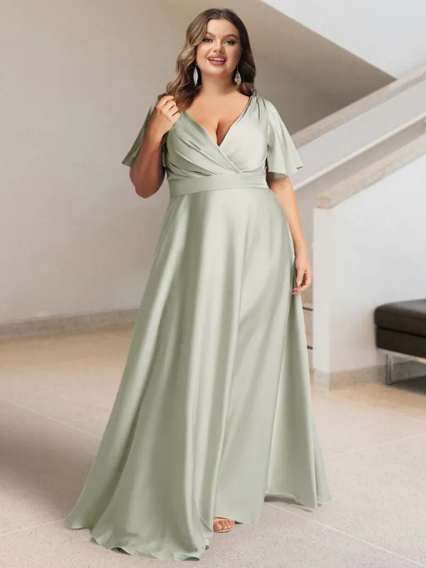 A-Line/Princess V-Neck Short Sleeves Silk Satin Plus Size Bridesmaid Dresses with Pockets sold by Lavetir