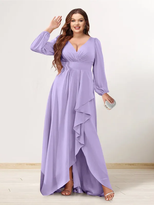 A-Line/Princess V-Neck Long Sleeves Chiffon Ruched Asymmetrical Plus Size Bridesmaid Dresses with Pockets sold by Lavetir