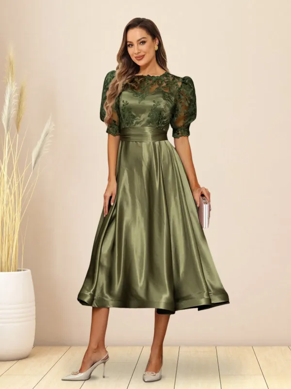 A-Line/Princess V-Neck Puffy Sleeves Tea-Length Evening Dresses sold by Lavetir