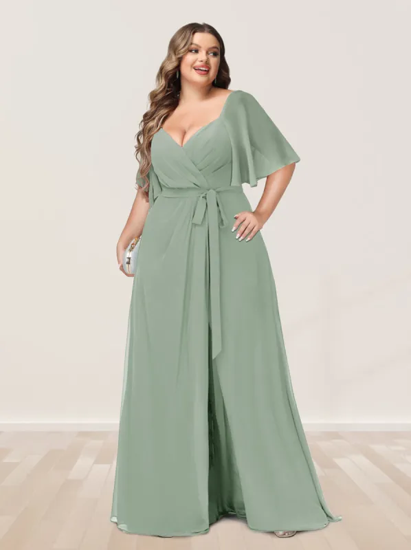 A-Line/Princess V-Neck Half Sleeves Plus Size Bridesmaid Dresses with Split Side sold by Lavetir