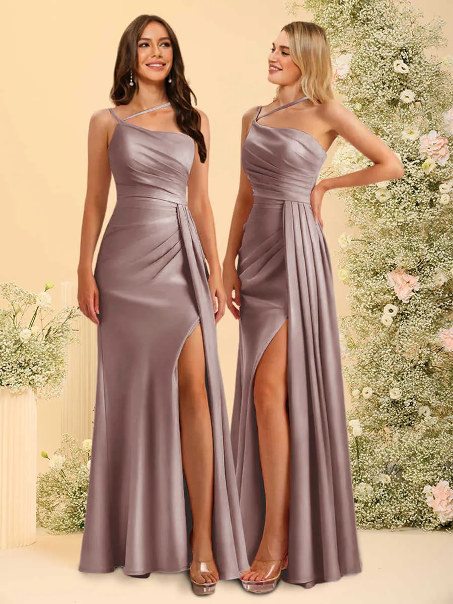 Sheath/Column One-Shoulder Long Bridesmaid Dresses with Split Side sold by Lavetir product image thumbnail 3