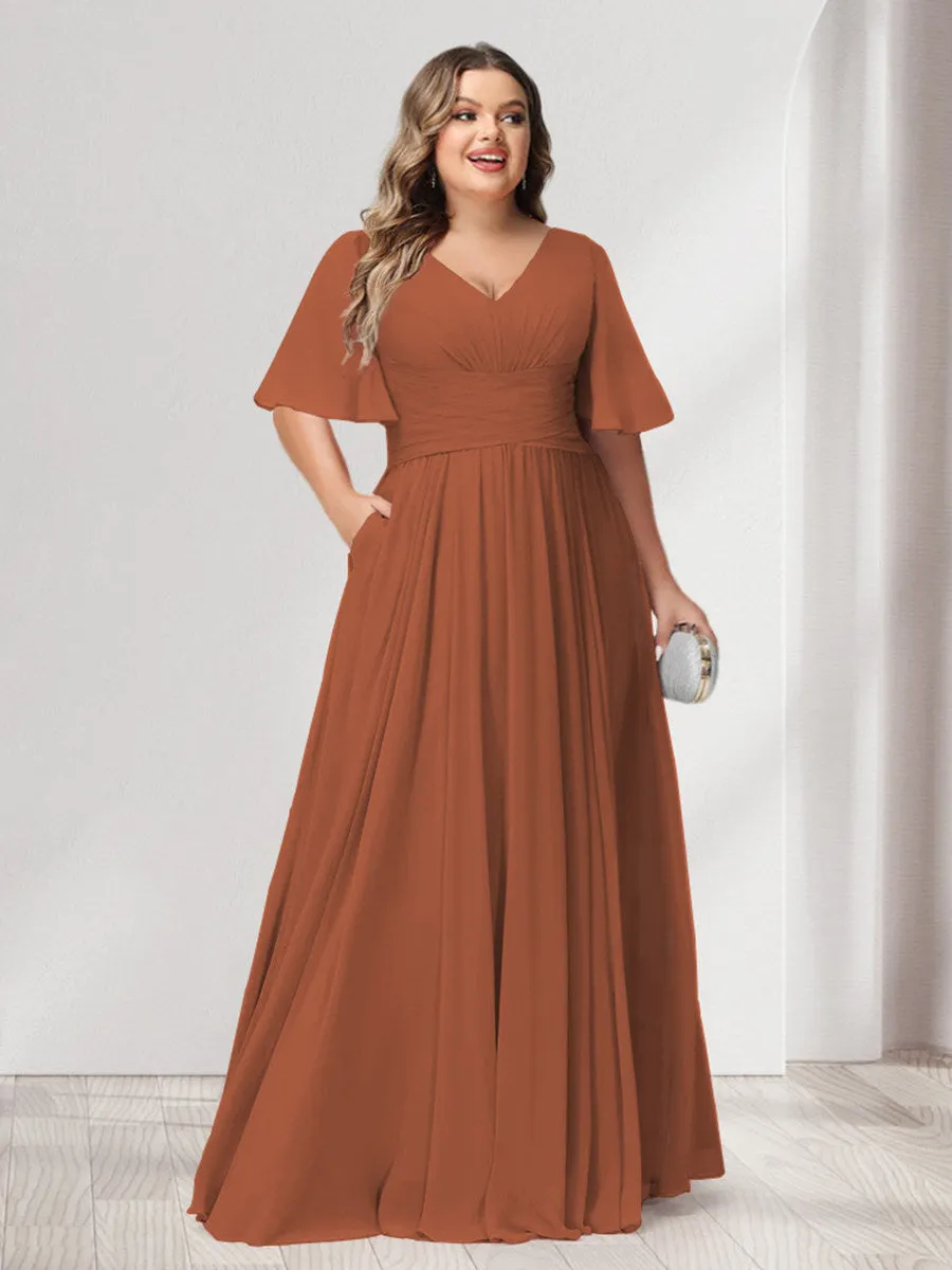 A-Line/Princess V-Neck Half Sleeves Chiffon Plus Size Bridesmaid Dresses with Pockets sold by Lavetir product image thumbnail 5