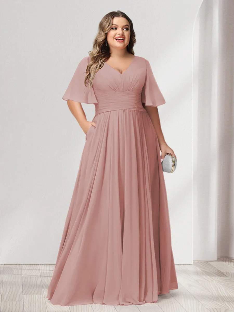 A-Line/Princess V-Neck Half Sleeves Chiffon Plus Size Bridesmaid Dresses with Pockets sold by Lavetir product image thumbnail 3
