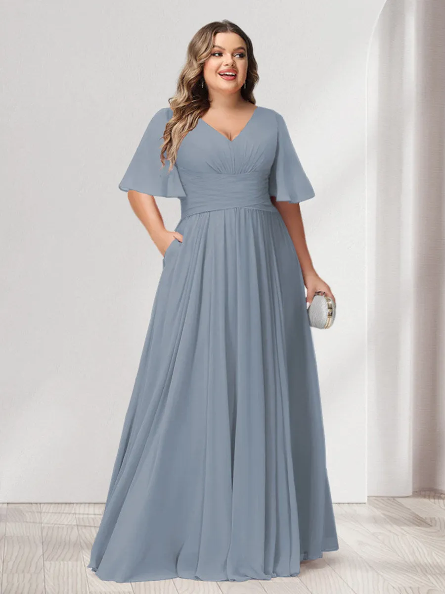 A-Line/Princess V-Neck Half Sleeves Chiffon Plus Size Bridesmaid Dresses with Pockets sold by Lavetir product image thumbnail 4