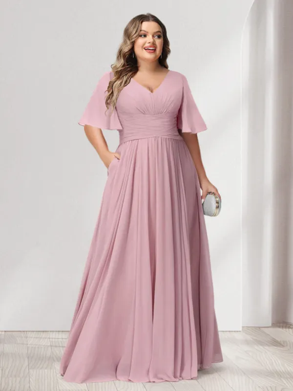 A-Line/Princess V-Neck Half Sleeves Chiffon Plus Size Bridesmaid Dresses with Pockets sold by Lavetir
