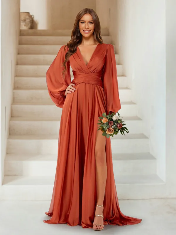 A-Line/Princess V-Neck Long Sleeves Floor Length Bridesmaid Dresses with Split Side sold by Lavetir